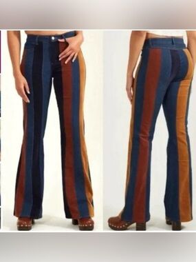 Altar’d State High-Rise Stripe Flare Jeans in Navy, Rust & Mustard size 27